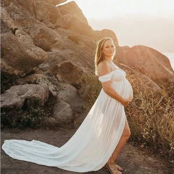 Maternity Photo Shoot off the shoulder party formal evening holiday dress - Picture 8 of 9